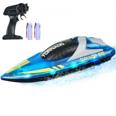 Afbeelding van VEVOR RC Boot, 2,4 GHz, 12 km/u, op afstand bestuurde boot voor zwembaden en meren, raceboot met ledlicht, 2 oplaadbare batterijen, complete behuizing, waterdicht, volwassenen kinderen, blauw