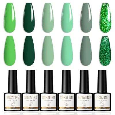 Afbeelding van ROSALIND Gel Nagellak Groene Serie 6 Kleuren Shellac Set Donkergroen Lichtgroen Glitter Soak Off UV/LED Gellak Nail Polish Art Manicure 8ml