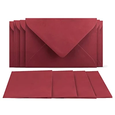 Afbeelding van 25 vouwkaarten met enveloppen, set donkerrood, DIN A6, blanco, dubbele kaarten, 14,8 x 21 cm (160 g/m²), C6 envelop 11,4 16,2 (100 nat plakrand, wenskaarten, uitnodigingskaarten,