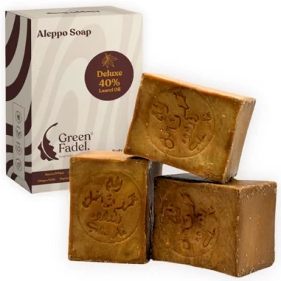 Afbeelding van GREEN FADEL Aleppo Zeep Original 3 x 200g (Deluxe) 40% Laurierolie, 60% Olijfolie, Olijfoliezeep, Kernzeep, Natuurlijke Zeep, Soap, Inc. Zeepzakje, Handgemaakt, Vegan