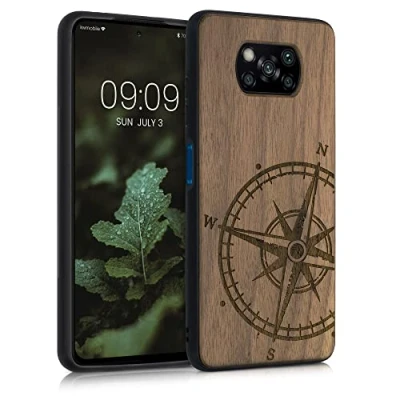 Afbeelding van kwmobile telefoonhoesje compatibel met Xiaomi Poco X3 NFC/Poco Pro Hoesje van hout en TPU In donkerbruin Vintage Kompas