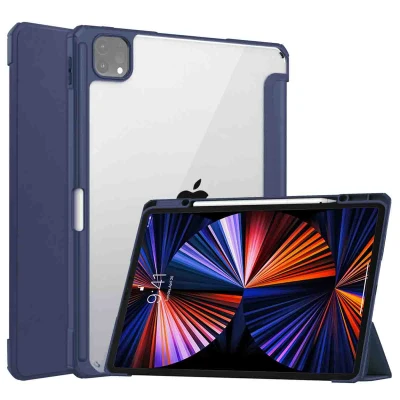 Afbeelding van Apple iPad Pro 12.9 (2021) Hoes: iMoshion Trifold Hardcase Bookcase Shockproof/Valbescherming Hardcase,Bookcase Donkerblauw Kunststof Tablet