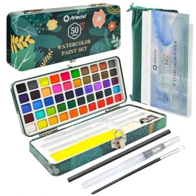 Afbeelding van Artecho Aquarelverfset, 50 kleuren in draagbare doos inclusief 4 fluorescerende kleuren, reisaquarelset met aquarelpapier, penselen en ander gereedschap, idee voor kunstenaars hobbyisten