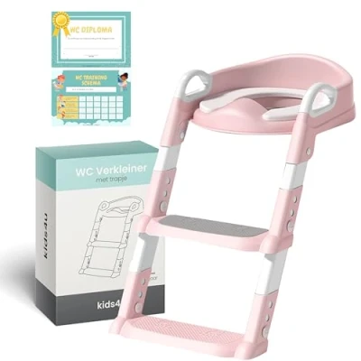 Afbeelding van Kids4u® Toiletbril voor Kinderen met Trap en Handgrepen, Opvouwbaar, WC Verkleiner Beloningssysteem, Potje Peuter, Potjestrainer, Leerpotje, Toilettrap, In Hoogte Verstelbaar, Roze/Wit