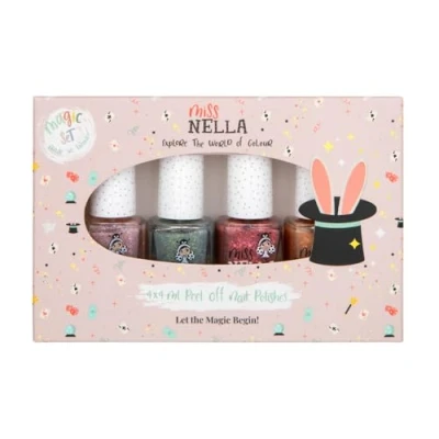 Afbeelding van MISS NELLA MAGIC COLLECTION Glitternagellak voor kinderen, set van 4 stuks: ABRACADABRA (roze), SHAZAM (rood), OPEN, SESAME (goud) en BIBIDI BOBIDI BOO (blauwzilver) Peel Off nagellak peuters