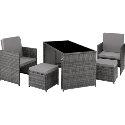 Afbeelding van tectake Wicker zitgroep tafel+stoelen+hockers Palermo grijs