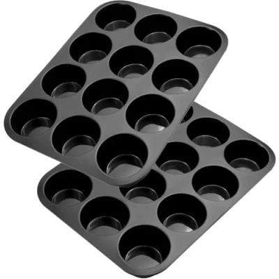 Afbeelding van Belmalia 2 Siliconen Muffinvormen, 12 Holtes, Antiaanbaklaag, Cupcake, Brownies, Muffins Vorm, Zwart