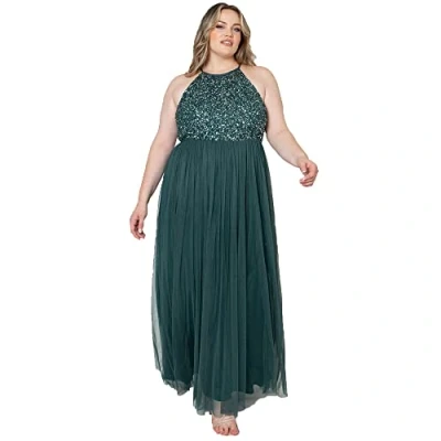 Afbeelding van Maya Deluxe Vrouwen dames bruidsmeisje maxi jurk halter hals pailletten verfraaid prom afstuderen bruiloft, Emerald Groen, 38