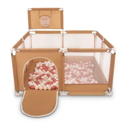 Afbeelding van Selonis Square Babybox Met Plastic Ballen, Basketbal, Beige:Pastelbeige/Zalmroze/Wit,100 Ballen
