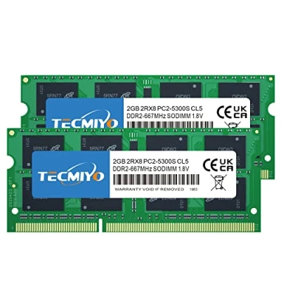 Afbeelding van TECMIYO 4 GB DDR2 (2 x 2 GB) PC2 5300s SODIMM 667 MHz 2RX8 Dual Rank 5300 1,8 V 200 pin SDRAM 5400 Niet ECC. Ongebufferde laptop geheugen RAM module