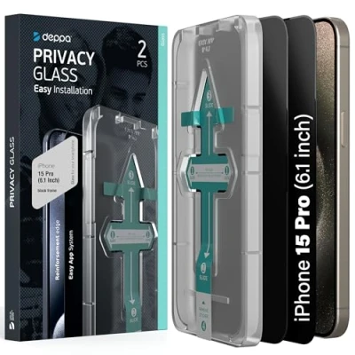 Afbeelding van Deppa [2 Stuks] Privacy Screen Protector voor iPhone 15 Pro (6.1&#039;) Schermbeschermer Gehard glas Volledige dekking met eenvoudig installatievak Anti Spy, Private, Dark, Black Film (Videogids)