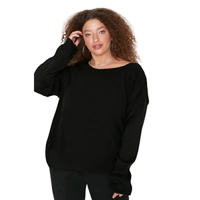 Afbeelding van Trendyol Vrouwen Plus Size Regular Shift V hals Gebreide Kleding Jumper, Zwart, XXL