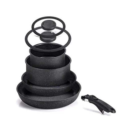 Afbeelding van Moneta Etnea Minispace batterij 7 delig, bestaande uit een afneembare handgreep, pan 24 en 28 cm, braadpan 16 20 deksel siliconen rand aluminium