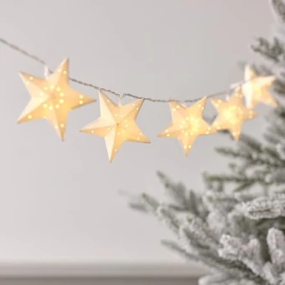 Afbeelding van Lights4fun Indoor Kerst Wit Papier Ster Garland 10 Warm LEDs Batterij Operated String Fairy Lights met Timer 1.8m