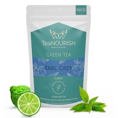 Afbeelding van TeaNOURISH Earl Grey Green Tea Darjeeling Loose Leaf Enriched with NATURAL Bergamot Extract 100% 50 Cups Hot or Iced 100g