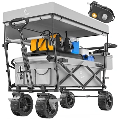 Afbeelding van KESSER® opvouwbare Handkar GT9000 met dak Transportwagen incl. 2X 3 punts gordelsysteem opvouwbaar massief rubberen banden tot 80 kg voor en achter rem + draagtas, grijs