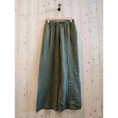 Afbeelding van Prachtige linnen broek met elastische talie broderie op de pijpen zijzakken kleur GROEN KAKI maat 42