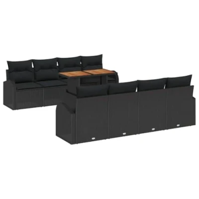 Afbeelding van vidaXL 9 delige Tuin Sofa Set met Kussens Zwart Poly Rattan, 2 zits Opbergruimte &amp; Rattan