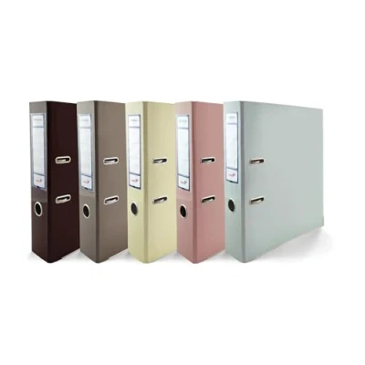 Afbeelding van 5 x ordners DIN A4 Ekobox Premium Edition kleuren glanzend chocoladebruin vanille cacaobruin pastelroze pastelblauw 2 ringmechanisme ringband 75 mm kunststof map brede kantoormap pack