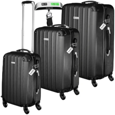 Afbeelding van tectake® Set van 3 koffers Draaibare wielen Trolley met harde schaal ABS Telescopische handgrepen Cijfersloten Reisset weegschaal en bagagelabels Zwart
