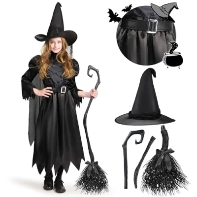 Afbeelding van Spooktacular Creations Zwart heksenkostuum voor kinderen, meisjes, eenvoudige versie Halloween (medium (8 10 jaar))