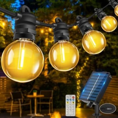 Afbeelding van Bowfar Lichtsnoer voor buiten, 10 m, 17 + 2 G40 gloeilampen, lichtketting op zonne energie, met afstandsbediening, IP68 weerbestendig, 8 modi