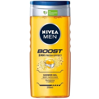 Afbeelding van NIVEA MEN Boost Douchegel 3 in 1 Shower Gel Met Revitaliserend Cafeïne Shampoo Voordeelverpakking 6 x 250 ml