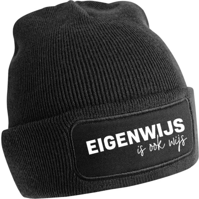 Afbeelding van Eigenwijs is ook wijs Rustaagh muts beanie heren dames mutsen winter zwart voor zwarte