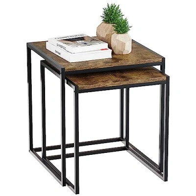 Afbeelding van Vida Designs Brooklyn Nest van Tafels 2 Stuk Set Koffie Bijzettafels Industriële Rustieke Woonkamer Meubels (Donker Hout)