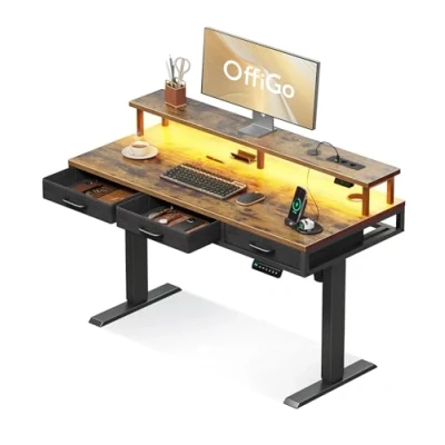 Afbeelding van OffiGo Elektrisch staand bureau met 3 dragers, in hoogte verstelbaar monitorstandaard, ergonomische tafel ledverlichting, 120 x 54 78,5 cm, rustiek bruin