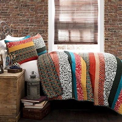 Afbeelding van Lush Decor Quilt omkeerbaar 3 delig Bohemian Design beddengoed set, katoen, turkoois &amp; mandarijn, vol/koningin