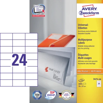 Afbeelding van Etiket Avery Zweckform 3474 200 70x37mm wit 4800stuks