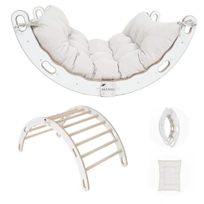 Afbeelding van MAMOI® Klimboog met kussen, klimdriehoek, baby klimmen, houten boog voor kinderen, speelplaats, klimrek binnen vanaf 1/2/3 jaar, wit beige