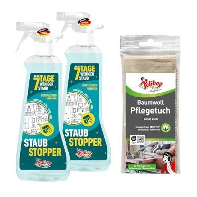 Afbeelding van Poliboy Stofstopper, tot 7 dagen minder stof, multifunctionele reiniger, voor stofgevoelige meubels en oppervlakken, 2 x 500 ml, met katoenen doek, Made in Germany