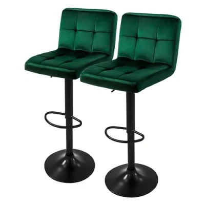 Afbeelding van Barkruk set van 2 groen fluwelen bekleding met rugleuning en voetensteun in hoogte verstelbaar 63 83cm ML Design