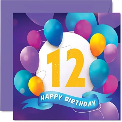 Afbeelding van 12e verjaardagskaart voor jongens meisjes ballonfeest gelukkige verjaardagskaarten 12 jaar oude jongen meisje broer zus zoon dochter kleinzoon kleindochter neef, 145 mm x verjaardag wenskaarten cadeau