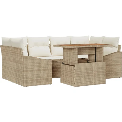 Afbeelding van vidaXL 7 delige Tuin Eetset met Kussens Beige Poly Rattan Acacia