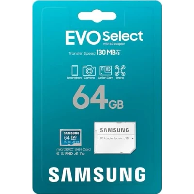 Afbeelding van Samsung EVO Select (2021) microSD geheugenkaart, 64GB micro SD XC UHS I U3 130MB/s Full HD &amp; 4K UHD kaart Geheugenkaart met Adapter, MB ME64KA/EU