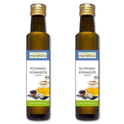 Afbeelding van Mynatura Biologische zwarte komijnolie, 2 x 250 ml, koudgeperst, hoogwaardige vetzuren, veganistisch, spijsolie, verzorgingsolie, komijn, ml fles (2 ml)