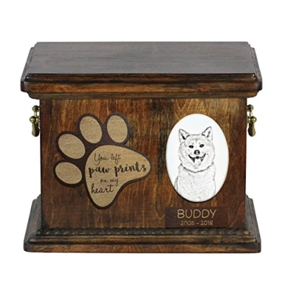 Afbeelding van Art Dog Custom Memorial Urn Handgemaakt Koud Gegoten Bronzen Portret op Berken Basis met Gepersonaliseerde Keramische Plaat 8,3x11,4x8,7 Akita Inu