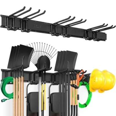 Afbeelding van VEVOR Garage Tool Organizer, 600 lbs Max Draagvermogen, Wandmontage Yard Tuin Opbergrek Organisatie Heavy Duty met 6 Verstelbare Haken en 9 Rails, voor Tuingereedschap, Schoppen, Trimmers Slangen