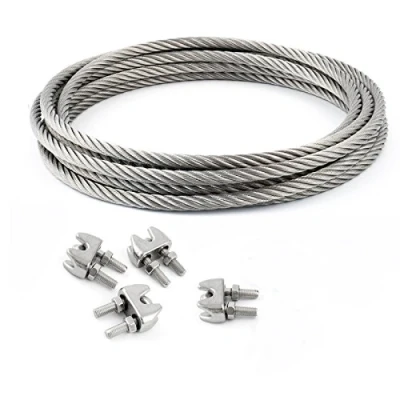 Afbeelding van 25m staalkabel roestvrij staal Koord SET 3mm 7x7 + 4 beugels V4A Inox VA kabel roestvrije klemmen klem