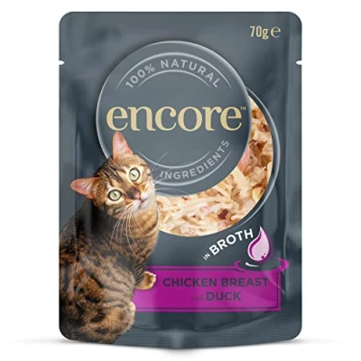 Afbeelding van Encore Natvoer voor katten, verpakking met 16 blikjes van 70 g kip eend in bouillon