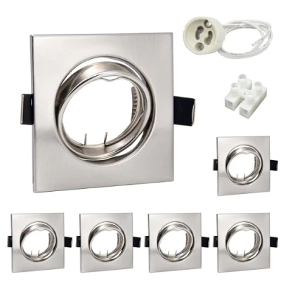 Afbeelding van 6 delige LED inbouwspots GU10 set inbouwlampen frame 30 draaibaar vierkant plafondlamp geborsteld inbouwframe roestvrij staal incl. fitting voor LED/halogeen.
