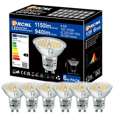 Afbeelding van PRCNL GU10 LED warm witte lampen, lichtbron 8,5W, 940 lumen, 2700 Kelvin, AC220 240V, wit Vervangt 125W halogeenlampen, 120 stralingshoek Niet dimbare gloeilamp, set van 6