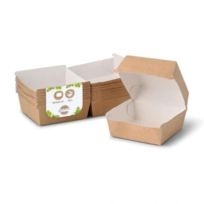 Afbeelding van BIOZOYG Take Away Burger Box 75 stuks I Burgerdozen met scharnierend deksel Hamburgerdoos gemaakt van verse vezeldoos To Go verpakking vetbestendig bruin wit 11,5 x 10,5 8 cm