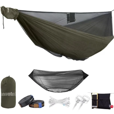 Afbeelding van onewind Dubbele campinghangmat met muskietennet, boomriemen, Ridgline, compacte opbergtas, duurzaam ripstop nylon 226,8 kg, ideaal voor wandelen, strand, rugzak