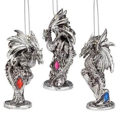 Afbeelding van Design Toscano Kerstboom Amesbury Castle Holiday Ornament set van drie draak standbeeld, 3, zilver