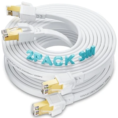 Afbeelding van Ethernet Kabel 3m 2 stuks, Cat 8 Netwerkkabel Platte Hoge Snelheid Internet 40Gbps 2000MHz Gigabit RJ45 Cable LAN Patchkabel Wit voor Router Schakelaar Modem