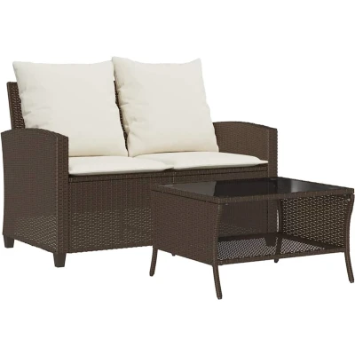 Afbeelding van vidaXL Tuinbank 2 zits met kussens &amp; tafel poly rattan bruin